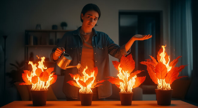 Futility in Crisis: Woman Watering Burning Potted Plants