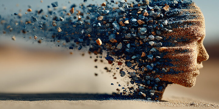 A man's head made of sand disintegrates into small particles on a desert landscape.