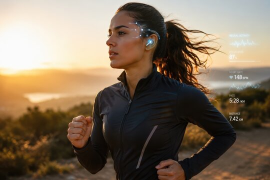 Focused female runner wearing a futuristic neural tracking earbud during a sunrise workout with augmented fitness metrics displayed beside her on a scenic coastal trail