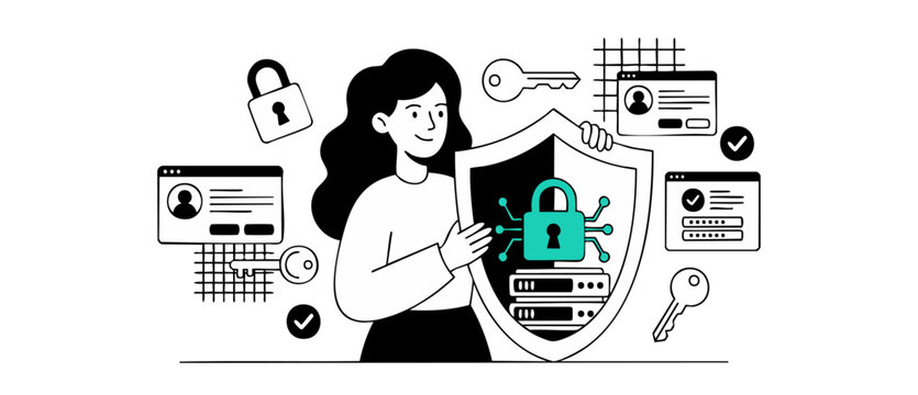 Cyber security data protection illustration of a woman holding a protective shield with server and padlock, representing internet privacy, safe login, database encryption, and cloud network safety.