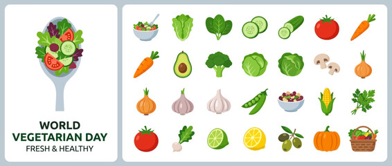 Obraz premium World Vegetarian Day Fresh Healthy Vegetable Icons Collection