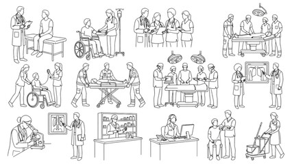 Obraz premium Clinical Care Staff Poses Line Art Collection | 10 Premium Healthcare Workflow Vector Pack