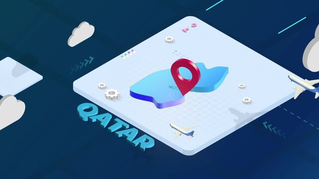 Isometric 3D Render of Qatar Map with Red Location Pin Pointer and Floating Airplanes