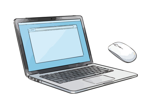Item-style minimalist desktop computer illustration, elegant watercolor PC monitor with glossy textures and soft bleeds for creative technology branding ／ シズル感のあるパソコン・周辺機器のイラスト