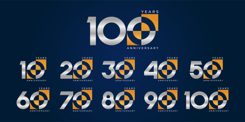 Fototapeta premium Set of modern vector logo designs for 10th to 100th anniversary, in modern color for celebrations, and birthdays 