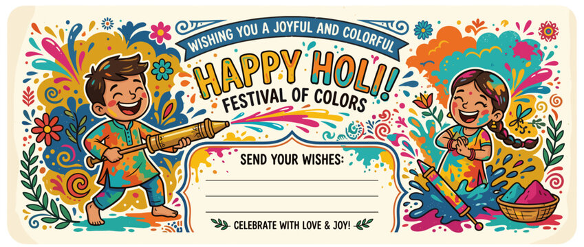 Holi Festival Joy: Vibrant illustration depicting children celebrating the Hindu festival of Holi, joyfully playing with colors and water guns, spreading cheer and festivity.