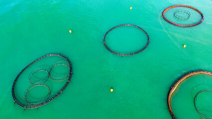 Aerial drone view of multiple aquaculture fish farm rings anchored safely in the beautiful blue waters © Buğra Kaan Ersoy