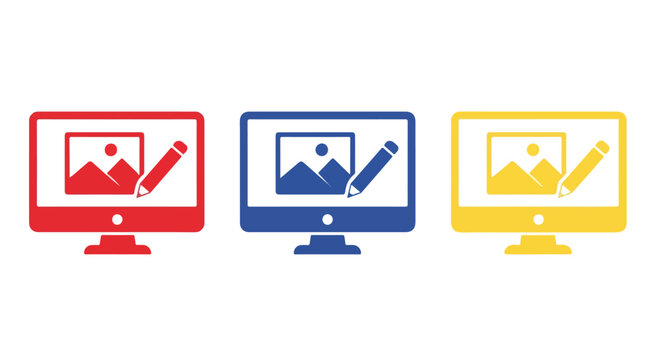 Digital Content Creation Icons: Three computer monitors display a simple image of a mountain landscape being edited with a pencil icon, presented in red, blue, and yellow.