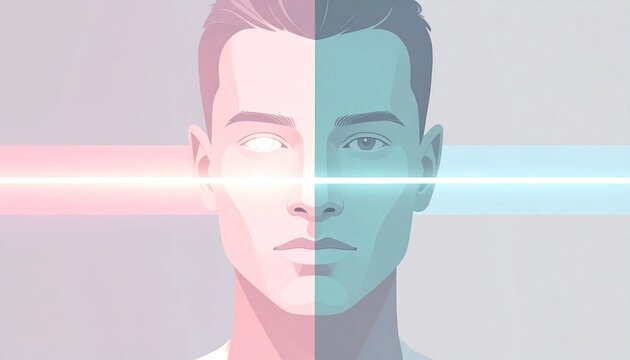 Split face of a man with glowing lines.