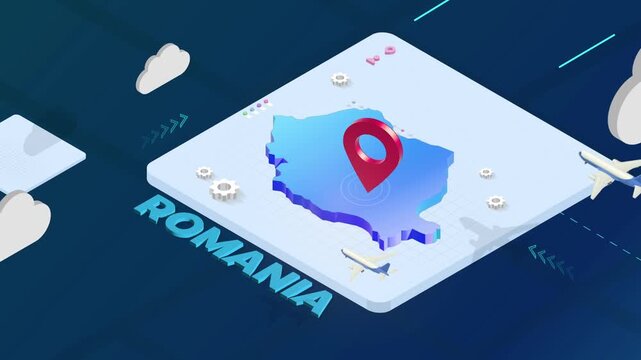 Isometric 3D Render of Romania Map with Red Location Pin Pointer and Floating Airplanes