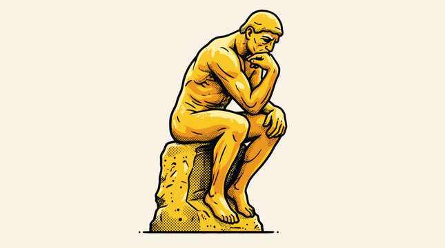 Golden thinker statue vector illustration, classical philosopher sculpture symbolizing deep thought and wisdom