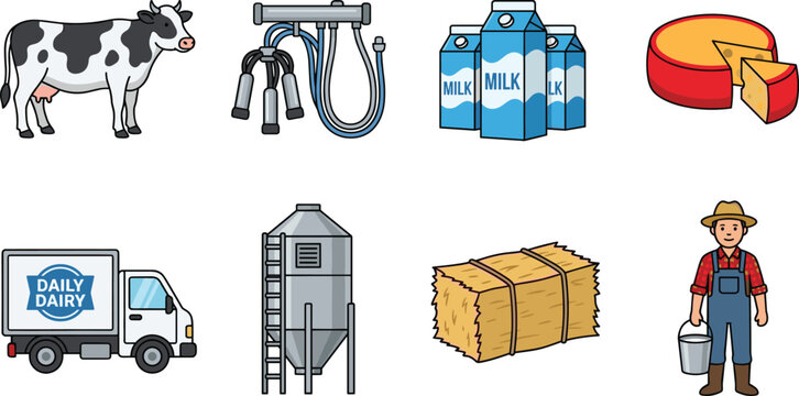 Dairy Production Vector Icon Set Featuring Cow Milking Machine Milk Cartons Cheese Delivery Truck and Farmer
