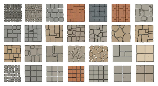Paving stone patterns collection, 28 vector floor tile textures for landscaping, cobblestone and brick masonry swatches for architectural design