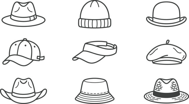 Minimalist hat vector line icon set featuring fedora beanie baseball cap visor beret cowboy hat bucket hat and straw hat for fashion design