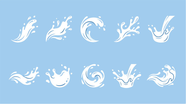 Cartoon water splash set with 10 white liquid wave elements, dynamic milk or water droplets, flat vector motion graphics for beverage packaging
