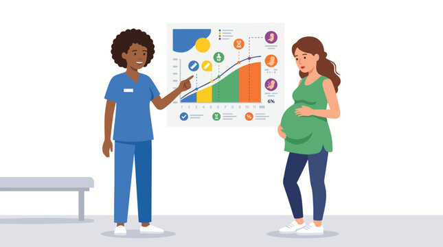 Healthcare professional discussing pregnancy statistics with expectant mother.