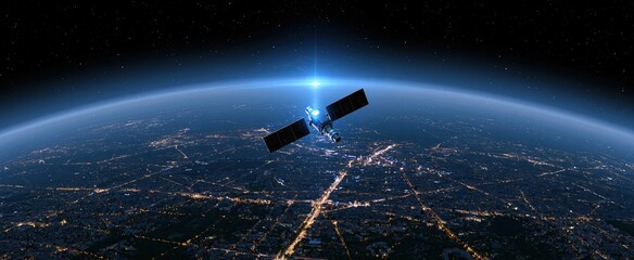 Fototapeta premium Above a glowing Earth at night, a high-tech satellite transmits data to illuminated cityscapes beneath a starry sky.