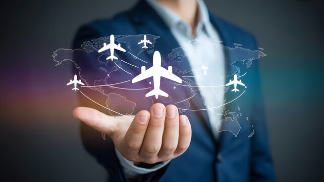 Businessman presenting global travel technology network with airplanes, smart aviation and digital travel concept