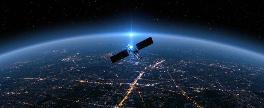 Above a glowing Earth at night, a high-tech satellite transmits data to illuminated cityscapes beneath a starry sky.