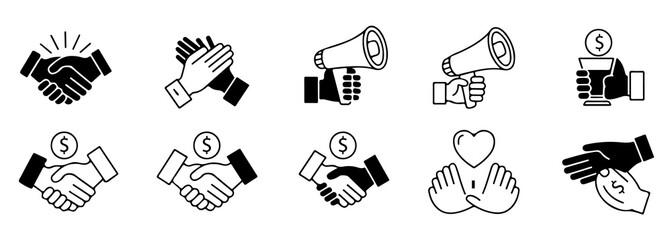 Fototapeta premium Collection of black and white depicting handshakes, applause, megaphones, money, and a heart symbol