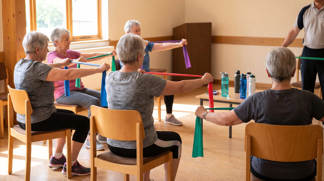 Older adults doing seated resistance band exercise class
