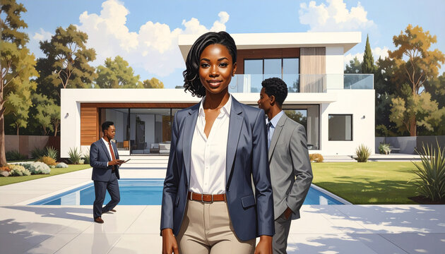 Professional female realtor at luxury modern villa with pool