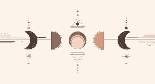 Bohemian Moon Phases Geometric Design, Celestial Art, Spiritual Symbolism