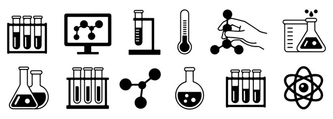 Collection of black and white science and chemistry including test tubes beakers molecules and atom © MOHAMMADTORIQUL