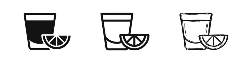 Tequila shot with lime slice icon set, solid, outline, and sketch style © drawing lines