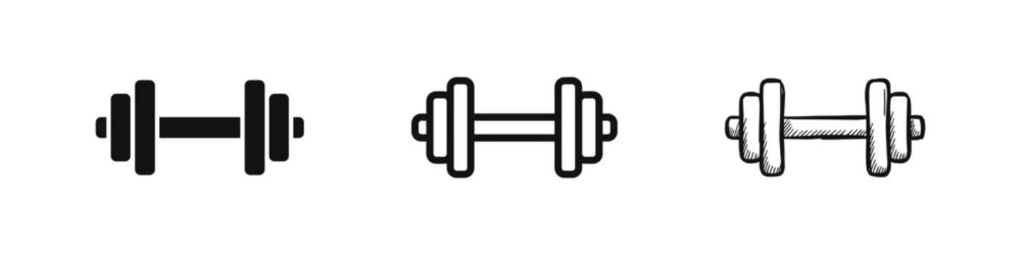 Gym dumbbell weight icon set, solid, outline, and sketch style