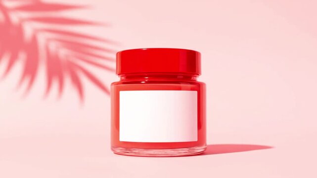 Red cosmetic cream jar mockup with blank white label on pink background with tropical palm leaf shadow for summer
