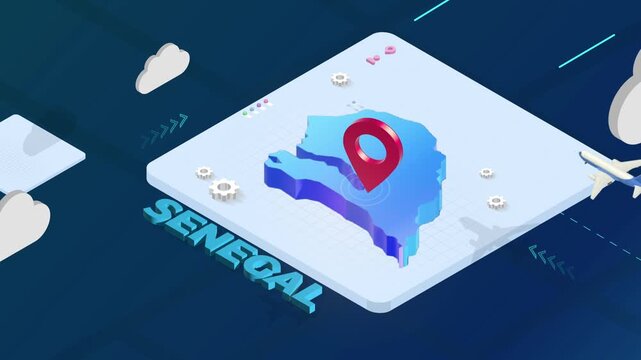 Isometric 3D Render of Senegal Map with Red Location Pin Pointer and Floating Airplanes