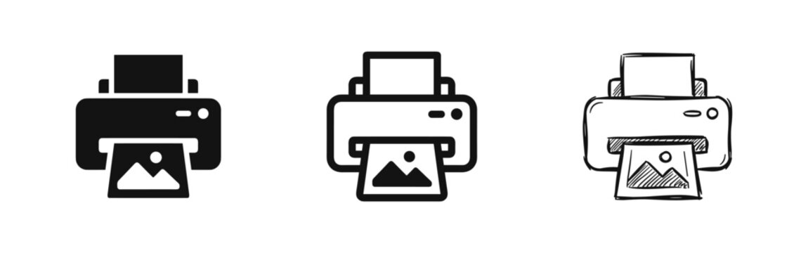 Photo Printer Printing Picture Icons Set in Flat, Outline and Hand Drawn Styles
