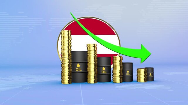 Austria Oil Prices Decline with Oil Barrels, Gold Coins and Downward Green Arrow, 3D Economic and Financial Market Concept