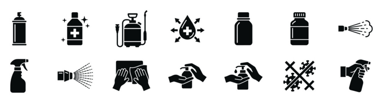 Set of black icons representing various disinfection tools and actions such as spray bottles, sanitizer bottles, cleaning hands, and virus protection symbols on transparent background