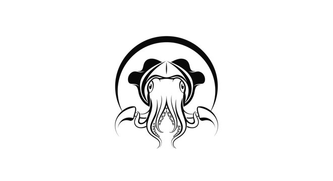 Symmetrical squid emblem in a circular frame logo design.