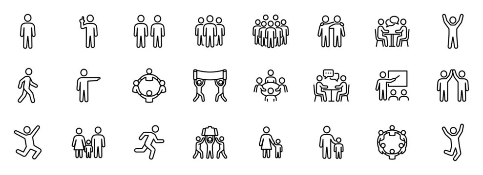 Set of black line icons representing various social interactions and group activities such as people standing, talking, celebrating, meeting, pointing, running on transparent background