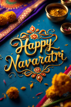 Banner poster greeting postcard happy Navaratri traditional Hindu religious holiday AI Generative