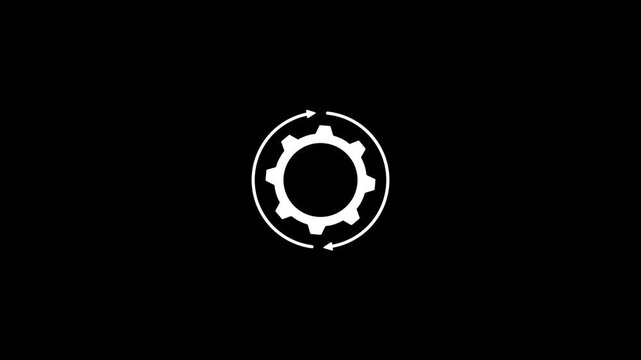 Animated Gear Wheel with Rotating Arrows, Representing Settings, Configuration, System Processing, and Technical Optimization Concept on a Black Background, with 4k video animation.