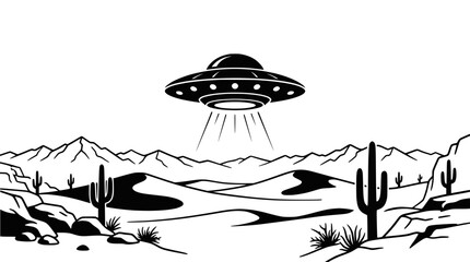 UFO Flying Saucer Over Desert Landscape with Cacti and Mountains © illustration vector 