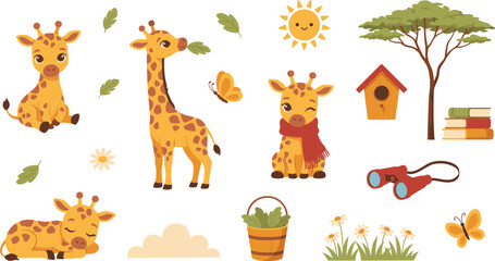 Obraz premium Cute Safari Giraffe Character Set with Little Baby Animals Eating Leaves, Sleeping, Wearing Scarf, and Outdoor Adventure Elements for Kids Designs