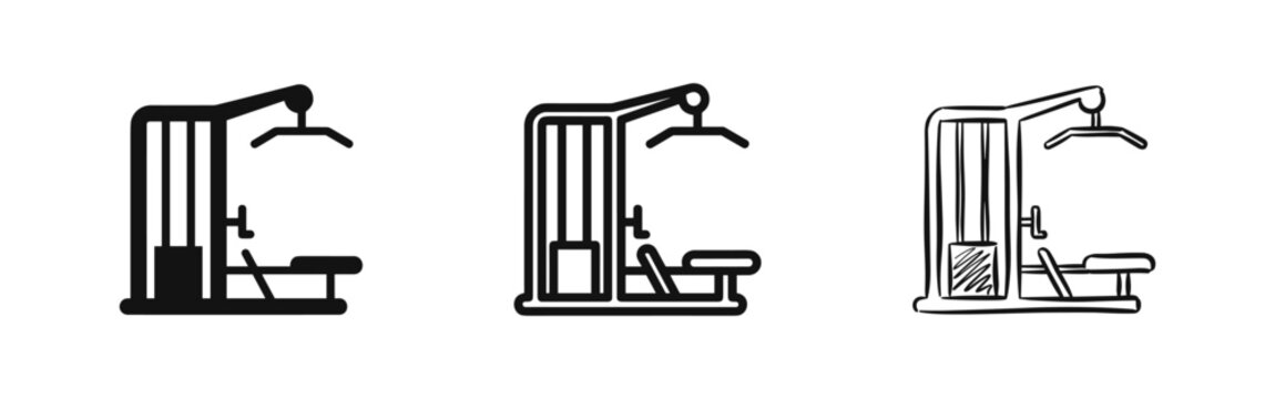 Gym Exercise Machine Icon Set: Lat Pulldown, Solid, Outline, and Sketch Styles