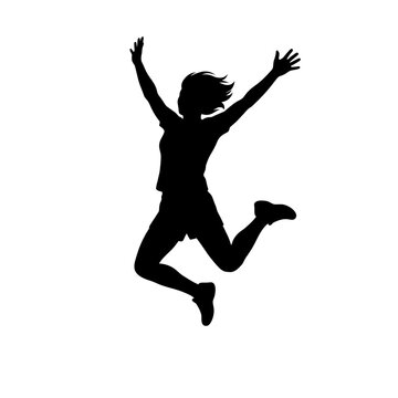 Jumping woman silhouette, happy person icon, black vector figure, energetic human symbol isolated on White Background silhouette