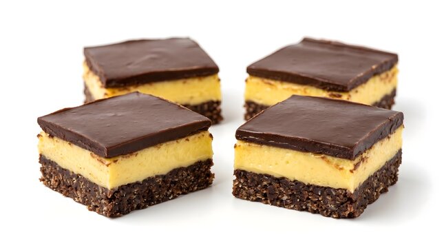 Four square pieces of creamy yellow and chocolate dessert on a white background
