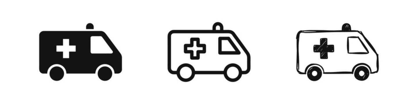 Set of ambulance vehicle icons, emergency medical services, solid, outline and sketch styles