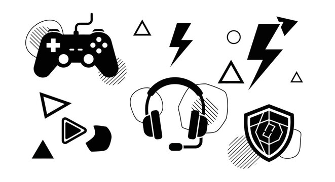 Gaming Graphics: Controller, Headphones, Shield, Lightning Bolts and Shapes