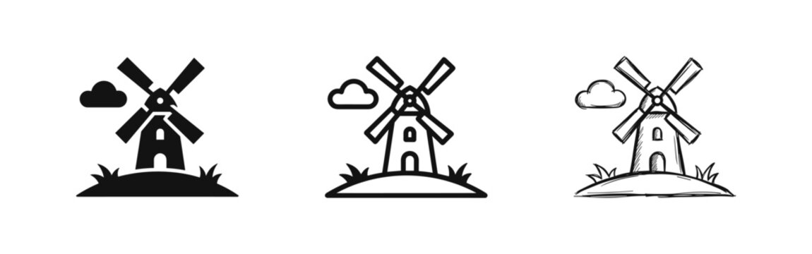 Windmill Landscape Icons Set - Traditional Wind Mill Symbols for Green Energy and Rural Scenery