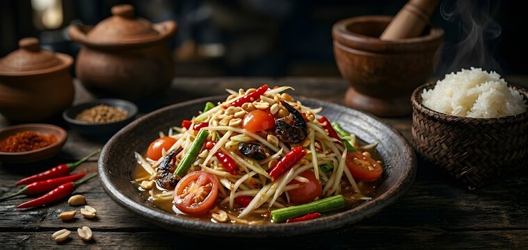 hai green papaya salad with chilies and tomatoes on dark rustic background