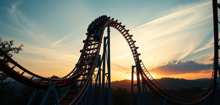 Rollercoaster plunging down steep drop at sunset,   blurred motion,  fun