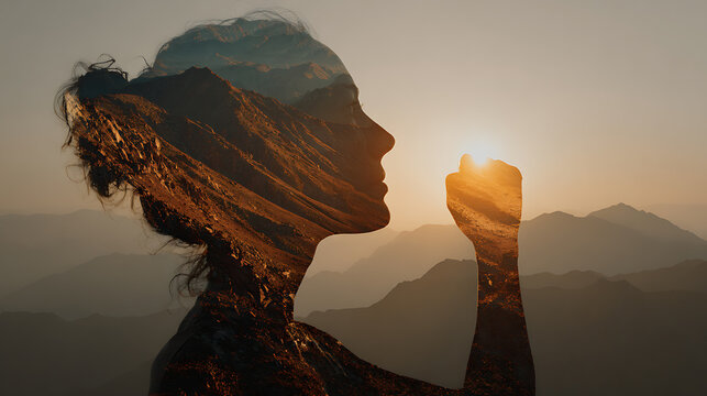 Double exposure silhouette with mountains and rising light, symbolizing resilience, emotional healing, inner strength, mindfulness, hope, recovery, personal growth and mental wellbeing